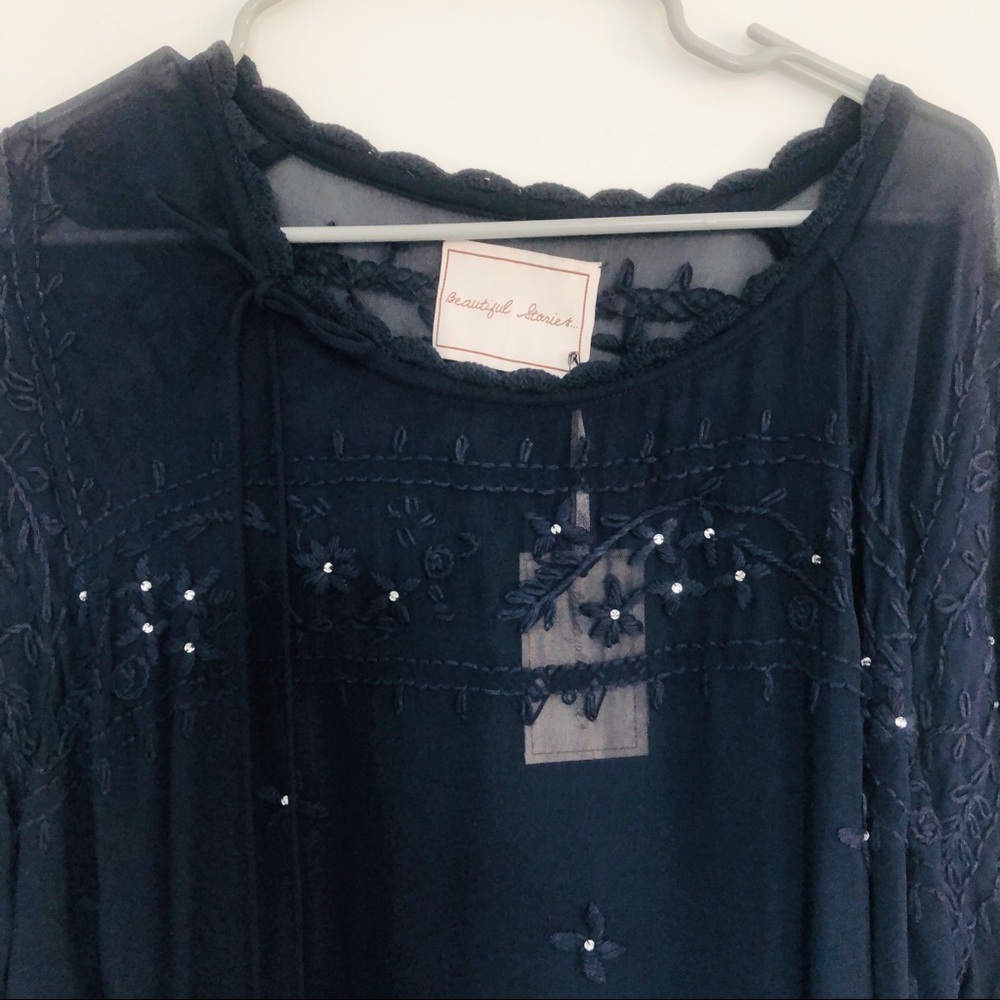 NWT Beautiful Stories Navy Sheer Long Sleeve Dress with “Crystals”, Tassel Tie